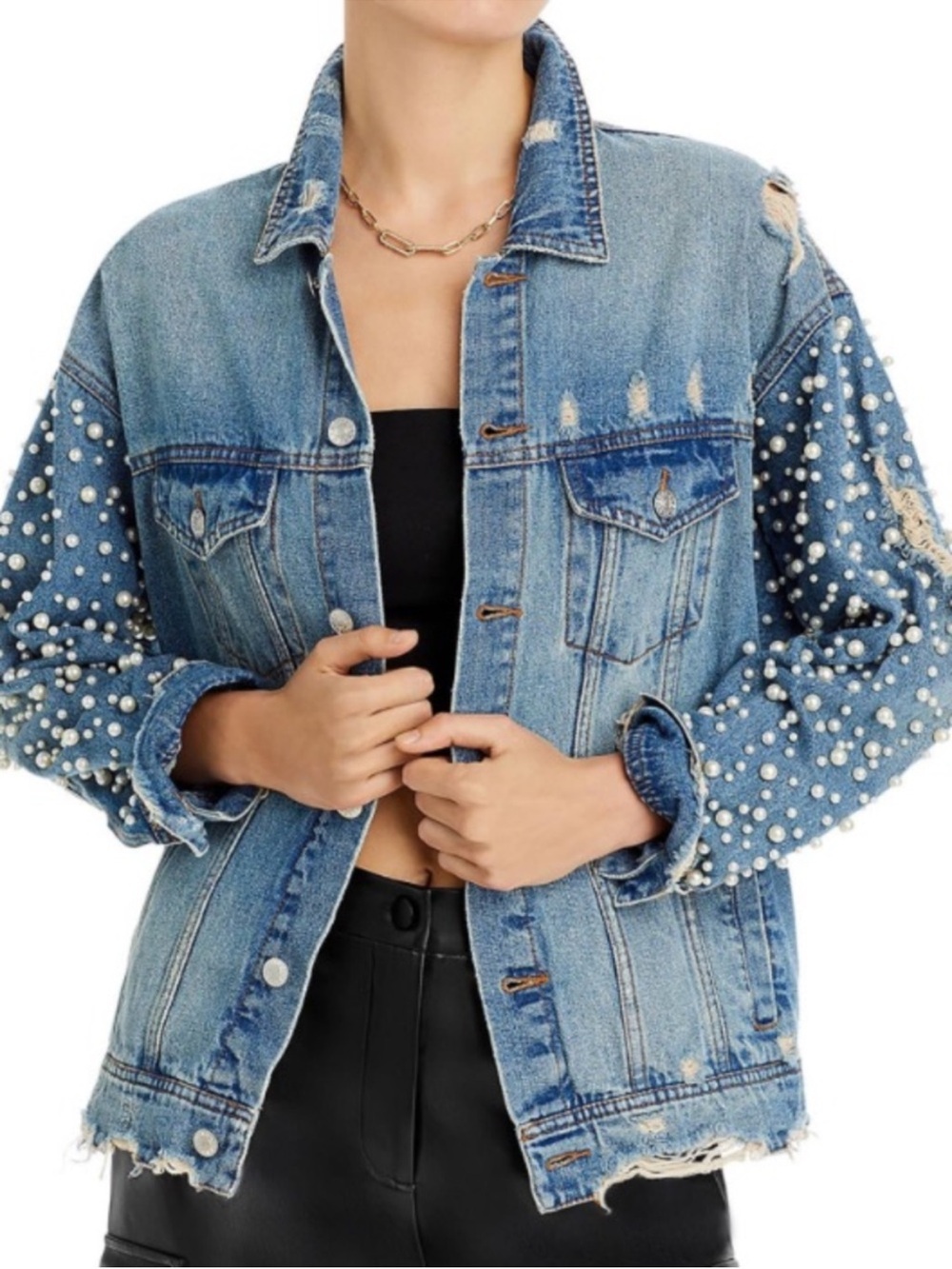 SUNSET + SPRING Light Blue Distressed Denim Jacket Embellished With Pearls